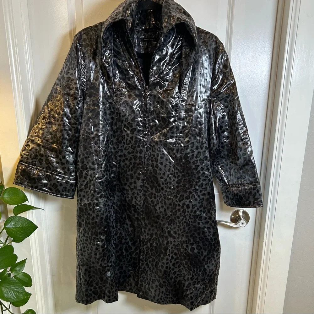 Samuel Dong Grey Black shiny leopard-print trench coat/dress‎ Women’s Size Large